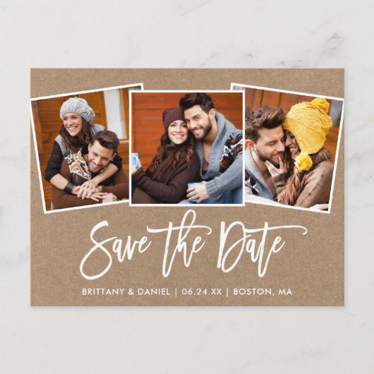 ブモダンラシスクリプトSave the Date 3 Photo Kraft ポストカード (正面)