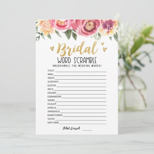 ブライダルの単語のスクランブルとAnswersゲームカード 招待状 (スタンド正面)