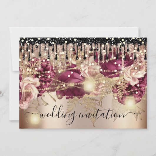 ブライダルの結婚バラドリップピンクマルサラライツ金ゴールド 招待状 (正面)