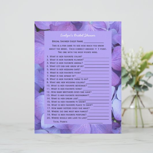 ブライダルまたはウェディングシャワーパーティーゲーム – アジサイ (スタンド正面)
