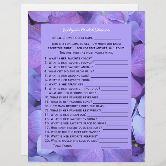 ブライダルまたはウェディングシャワーパーティーゲーム – アジサイ (正面/裏面)