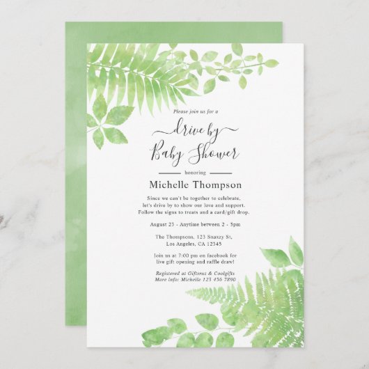 ブライダルまたはベビーシャワーによる水彩緑化ドライブ 招待状 (正面/裏面)