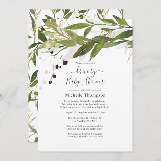 ブライダルまたはベビーシャワーによる水彩緑化ドライブ 招待状 (正面/裏面)