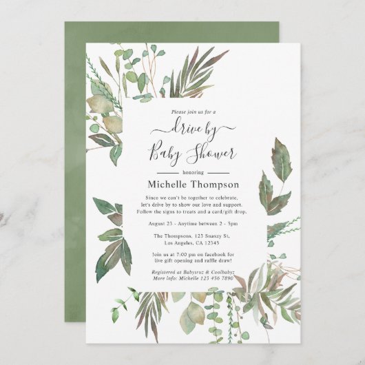 ブライダルまたはベビーシャワーによる水彩緑化ドライブ 招待状 (正面/裏面)