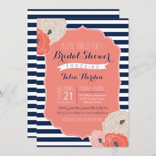 ブライダルまたはベビーシャワー招待状はっきりしたストライプコーラル 招待状 (正面/裏面)
