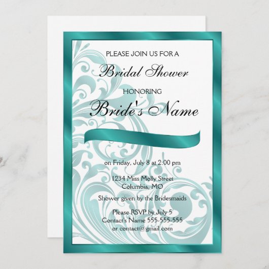 ブライダルエレガントシャワー招待 – ティール（緑がかった色） 招待状 (正面/裏面)