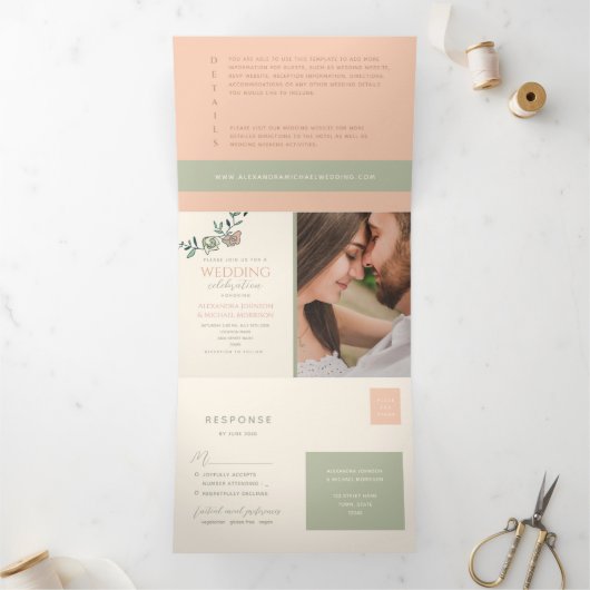 ブライダルグリーンの三つ折りフォトウェディング招待状 三つ折り招待状 (内部)