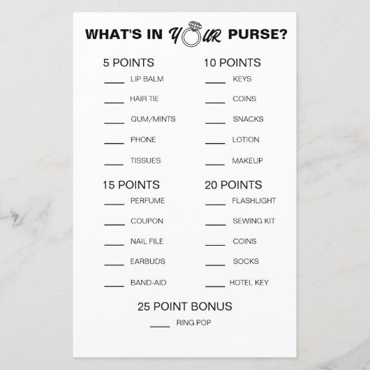 ブライダルシャワーあなたの財布の印刷可能なゲームに何がある (正面)