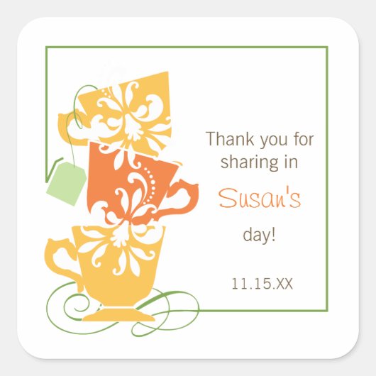 ブライダルシャワーお気に入りステッカー – 紅茶 スクエアシール (正面)