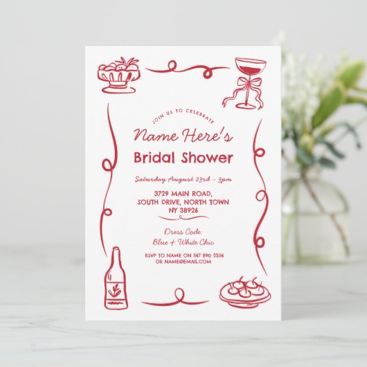 ブライダルシャワーお洒落手描き赤図解入りの、写真付きの 招待状 (スタンド正面)