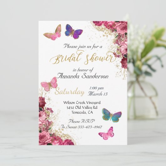 ブライダルシャワーかわいらしシックフローラピンクバタフライ 招待状 (スタンド正面)