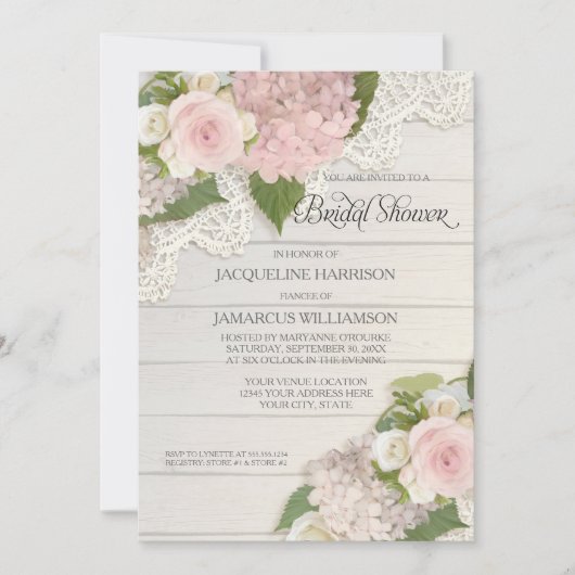 ブライダルシャワーかわいらしフラワーヴィンテージレースアジサイ 招待状 (正面)
