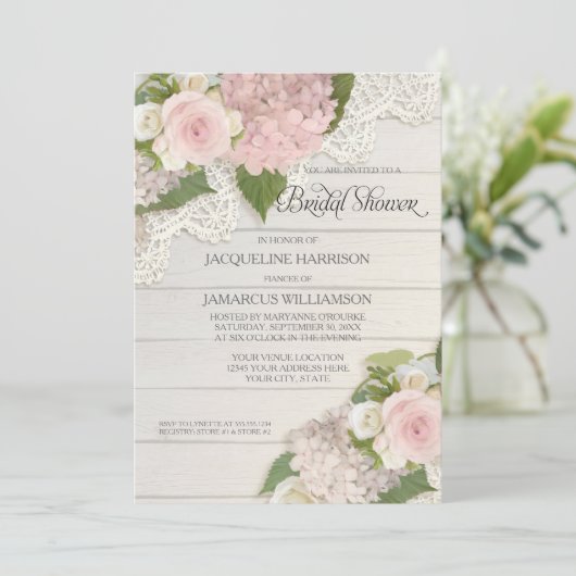 ブライダルシャワーかわいらしフラワーヴィンテージレースアジサイ 招待状 (スタンド正面)