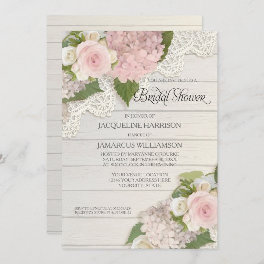 ブライダルシャワーかわいらしフラワーヴィンテージレースアジサイ 招待状 (正面/裏面)