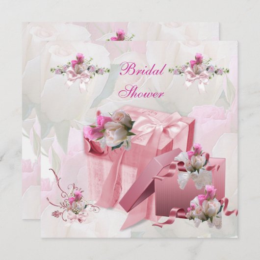 ブライダルシャワーかわいらしホワイトピンクギフトフラワーズバラ 招待状 (正面/裏面)