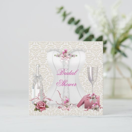 ブライダルシャワーかわいらしホワイトピンクコルセットフローラ 招待状 (スタンド正面)