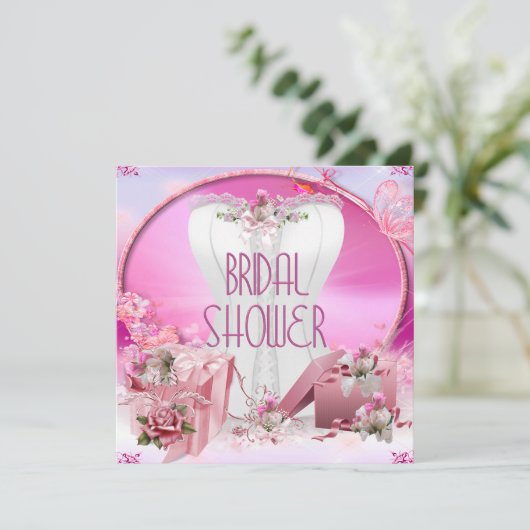 ブライダルシャワーかわいらしホワイトピンクコルセットフローラ 招待状 (スタンド正面)