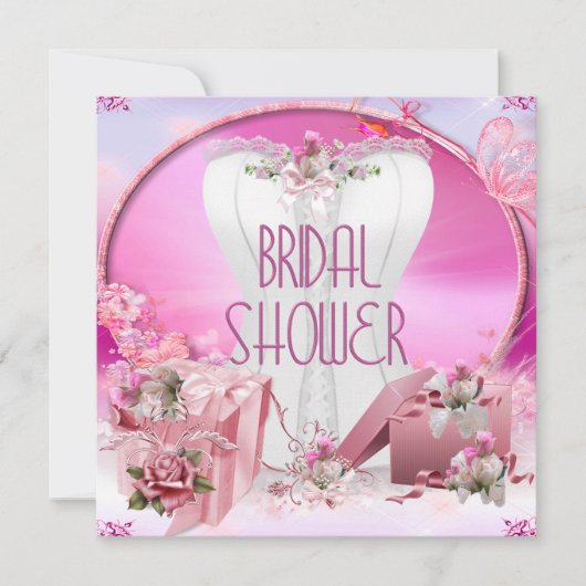 ブライダルシャワーかわいらしホワイトピンクコルセットフローラ 招待状 (正面)