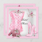 ブライダルシャワーかわいらしホワイトピンクコルセット水玉模様 招待状 (正面/裏面)