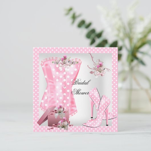 ブライダルシャワーかわいらしホワイトピンクコルセット水玉模様 招待状 (スタンド正面)