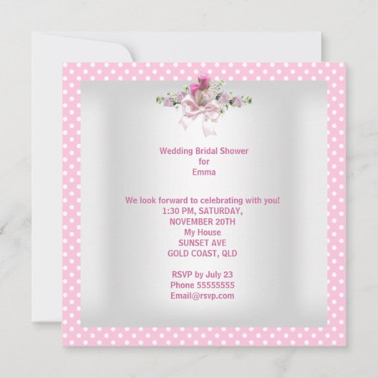 ブライダルシャワーかわいらしホワイトピンクコルセット水玉模様 招待状 (裏面)