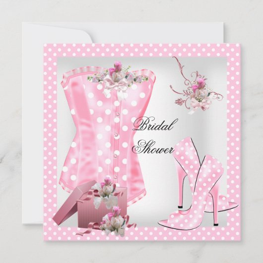 ブライダルシャワーかわいらしホワイトピンクコルセット水玉模様 招待状 (正面)