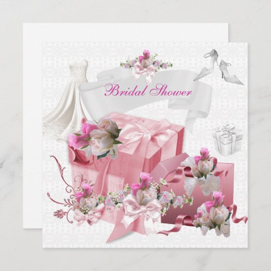 ブライダルシャワーかわいらし白ピンクのギフト花 招待状 (正面/裏面)