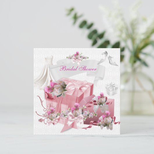 ブライダルシャワーかわいらし白ピンクのギフト花 招待状 (スタンド正面)