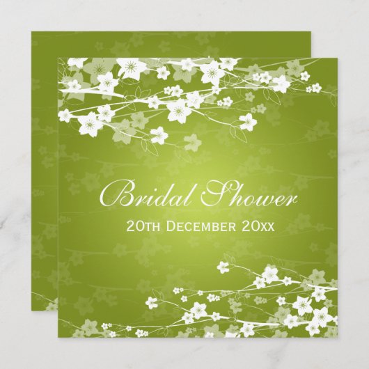 ブライダルシャワーさくらんぼエレガントブロッサムライムグリーン 招待状 (正面/裏面)