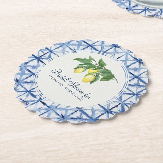 ブライダルシャワーしぼりインディゴ柄とレモンリーフ ペーパーコースター (アングル)