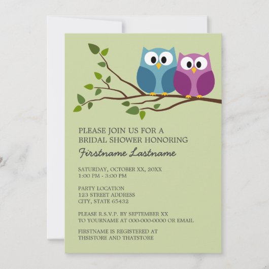 ブライダルシャワーとフクロウカップルのブランチ 招待状 (正面)