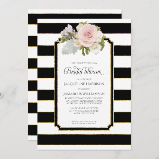 ブライダルシャワーのかわいらしい花のアールデコのストライプのモダン 招待状 (正面/裏面)