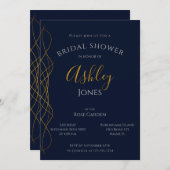 ブライダルシャワーのご案内ネイビーブエレガントルー&金ゴールド 招待状 (正面/裏面)