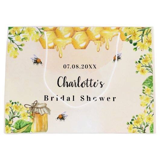 ブライダルシャワーのためのくまの子と蜂蜜の黄色の花の名前 ラージペーパーバッグ (正面)