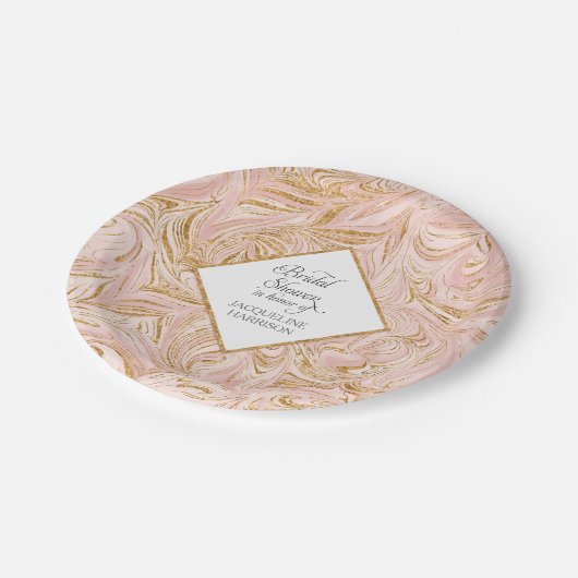 ブライダルシャワーのばら色の金ゴールドのフェイクなグリッターの大理石の赤面 ペーパープレート (アングル)