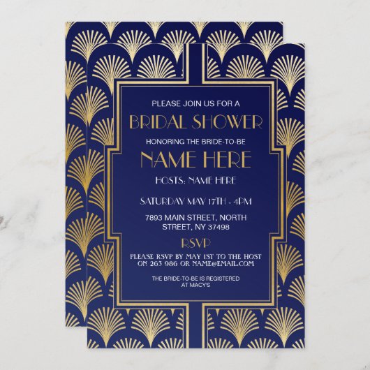 ブライダルシャワーのアールデコの20年代海軍および金ゴールドのパーティー 招待状 (正面/裏面)