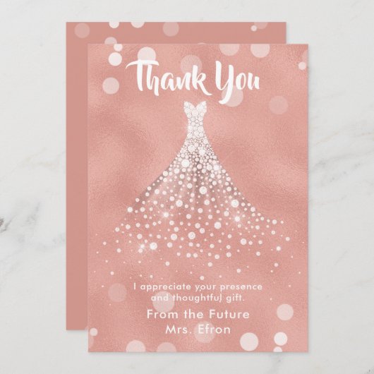 ブライダルシャワーのウェディングドレスのばら色の金ゴールドありがとう サンキューカード (正面/裏面)