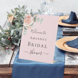 ブライダルシャワーのウェルカムボード　ローズピンクの花と緑の葉 台座サイン