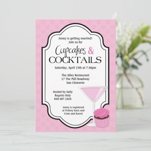 ブライダルシャワーのカップケーキおよびカクテル 招待状 (スタンド正面)