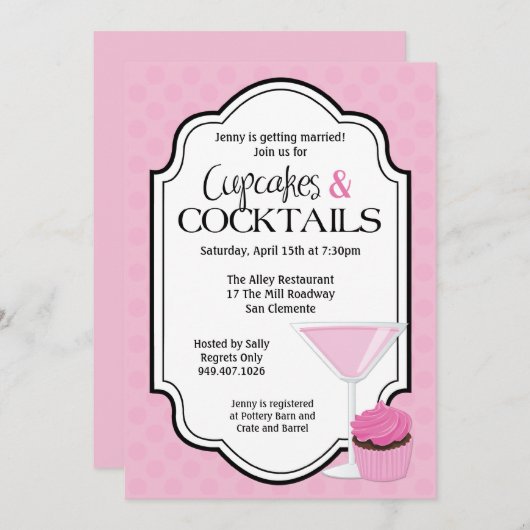 ブライダルシャワーのカップケーキおよびカクテル 招待状 (正面/裏面)
