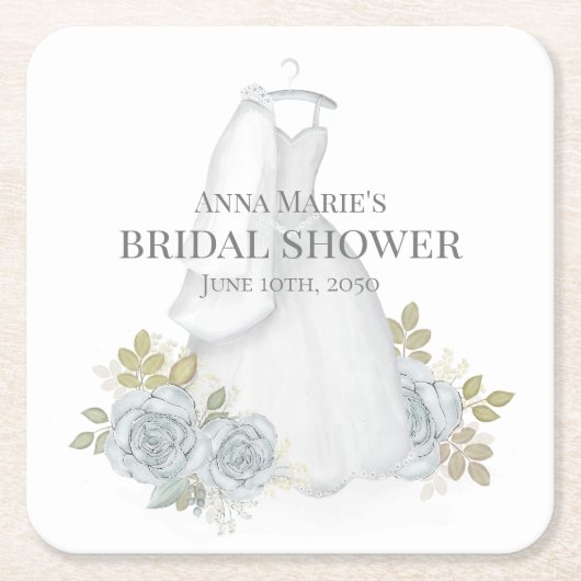 ブライダルシャワーのクラシックでエレガントな青い花のウェディングデザイン スクエアペーパーコースター (正面)
