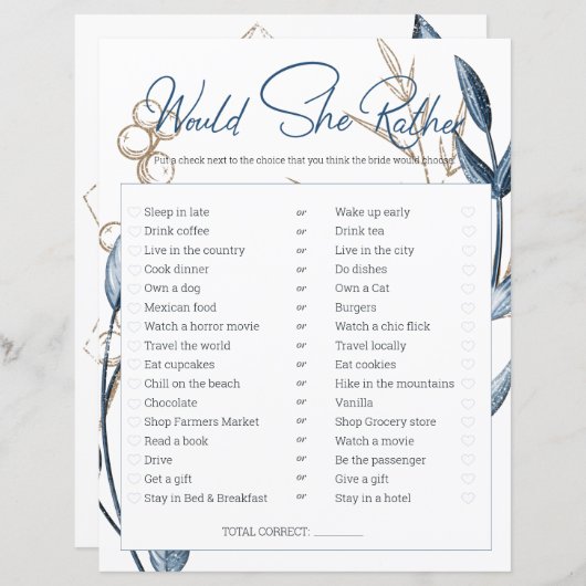 ブライダルシャワーのゲーム彼女はむしろ青い金ゴールド (正面/裏面)