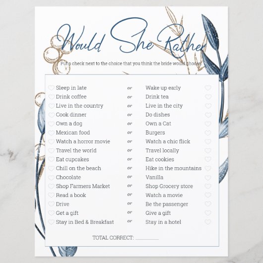 ブライダルシャワーのゲーム彼女はむしろ青い金ゴールド (正面)