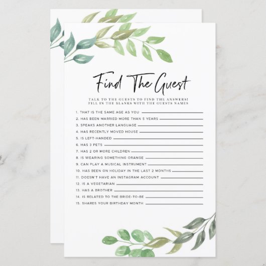 ブライダルシャワーのゲーム ゲストを探せ グリー ネリィ (正面/裏面)