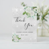 ブライダルシャワーのシルバーグリッター白の花 サンキューカード (スタンド正面)