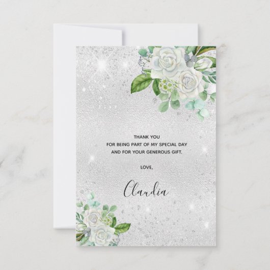 ブライダルシャワーのシルバーグリッター白の花 サンキューカード (裏面)