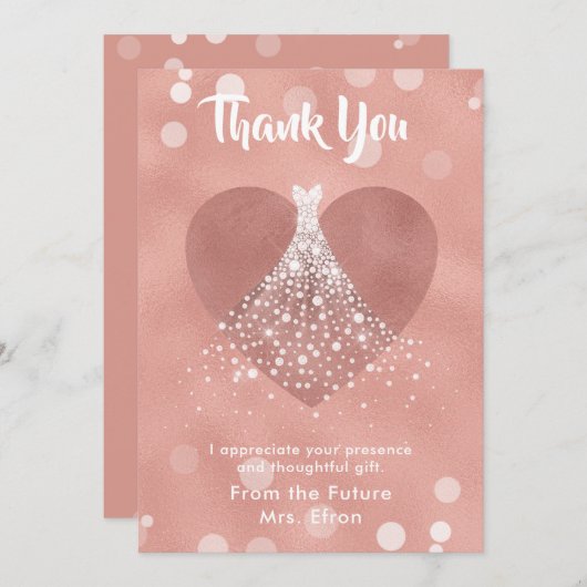 ブライダルシャワーのハートのウェディングドレスありがとう サンキューカード (正面/裏面)