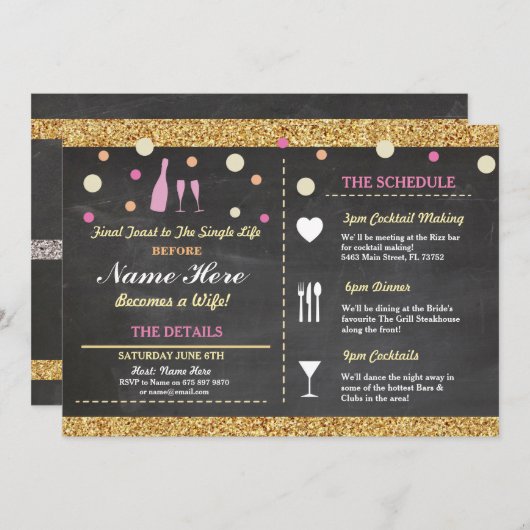 ブライダルシャワーのバチェロレッテのグリッターの旅程のピンク プログラム (正面/裏面)