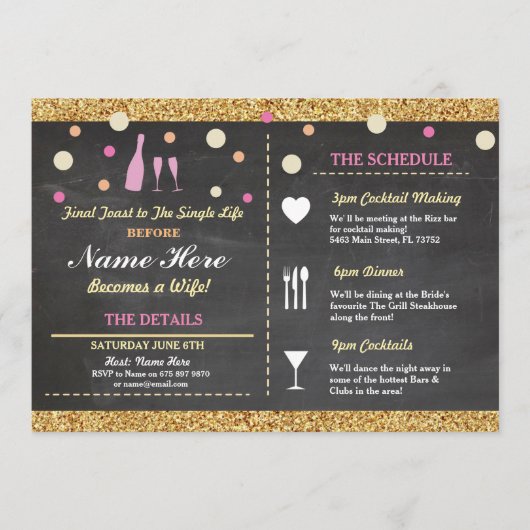 ブライダルシャワーのバチェロレッテのグリッターの旅程のピンク プログラム (正面)