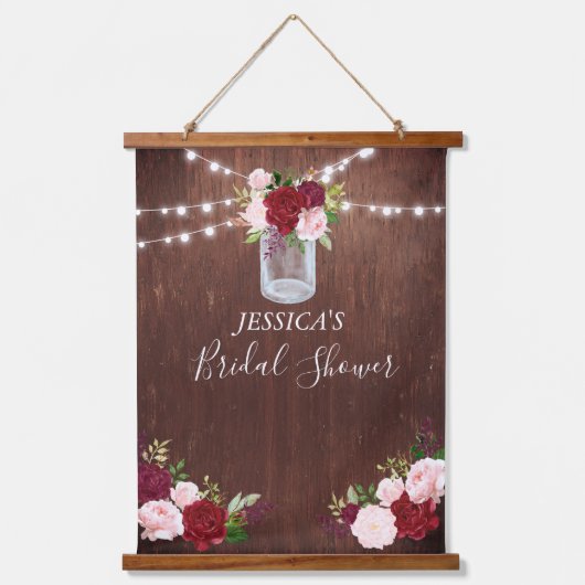 ブライダルシャワーのバックドランドサインウッドブルゴーニュ花 吊り下げ型タペストリー (正面)